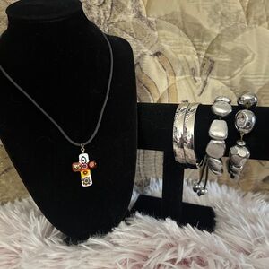 Vintage Murano Glass Millefiori Cross Pendant Necklace + Bracelets/Bangles Set